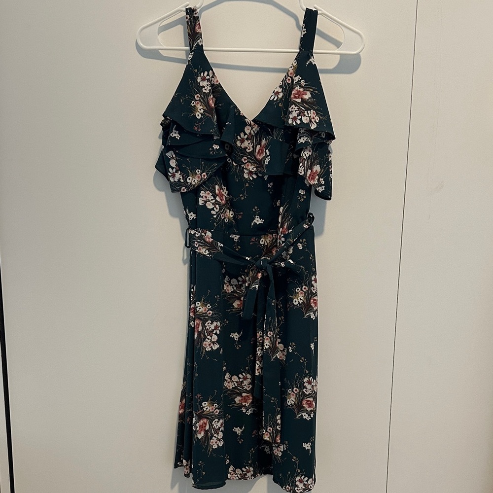 Collective Concepts Floral Ruffle Mini Dress - Dark Green